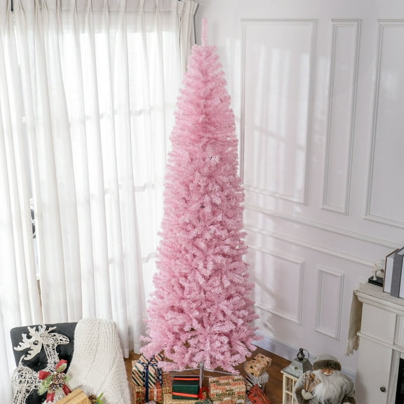 8' Tall Unlit Slim Douglas Fir Artificial Christmas Tree with 1168 Realistic Branch Tips, Pink