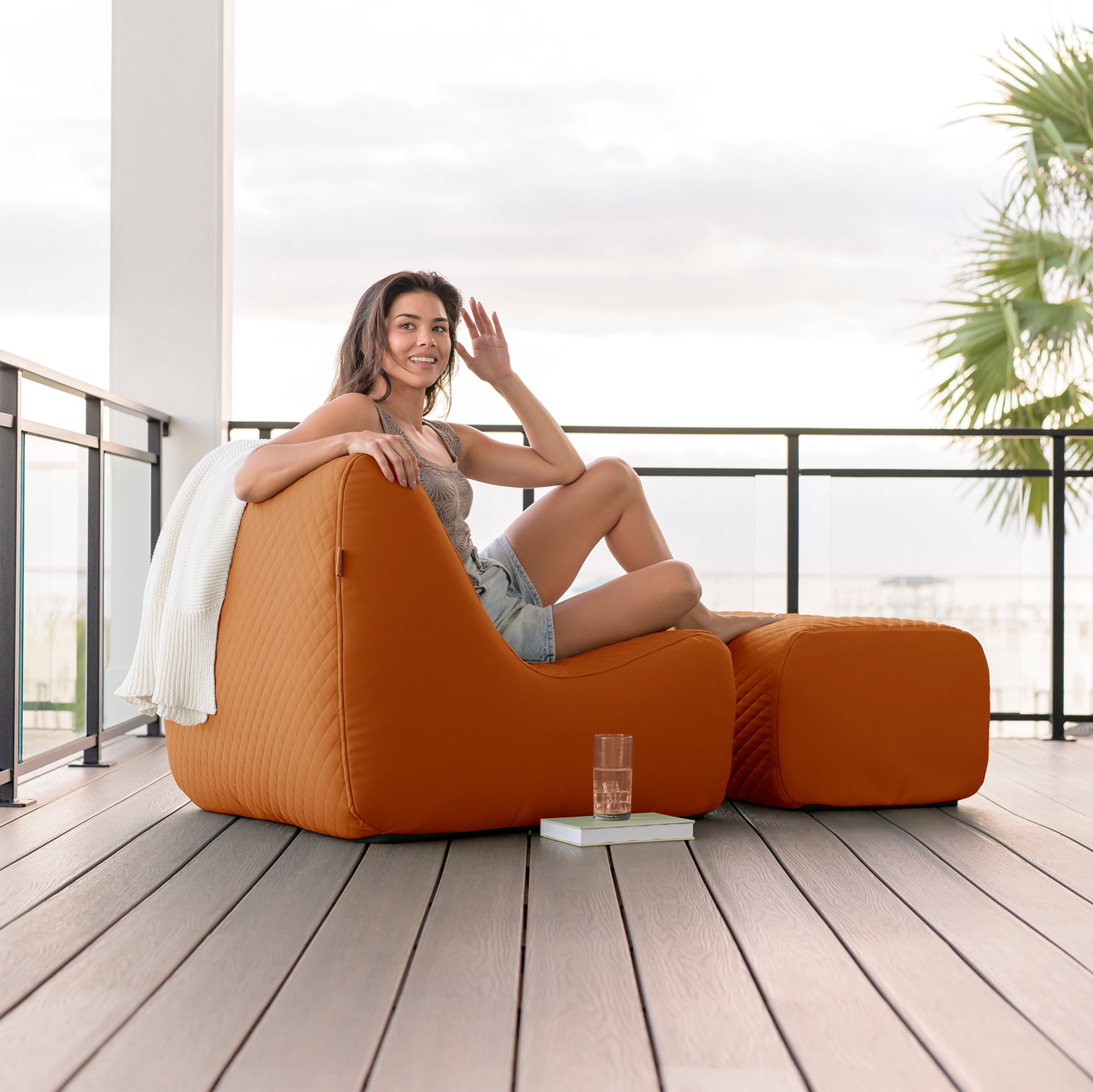 Big Joe Solvana Lounge Chair, Outdoor Weather-Resistant Cool Touch Silicone Stitched Leather, Primary Chair, Honey Sand