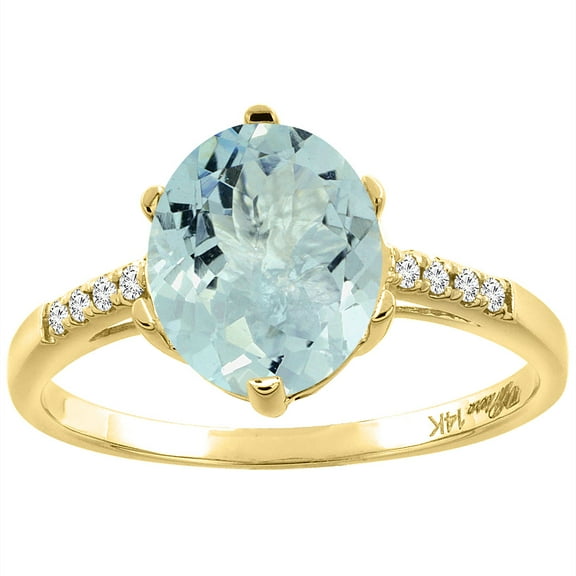 14K Yellow Gold Natural Aquamarine & Diamond Ring Oval 10x8 mm, size 8