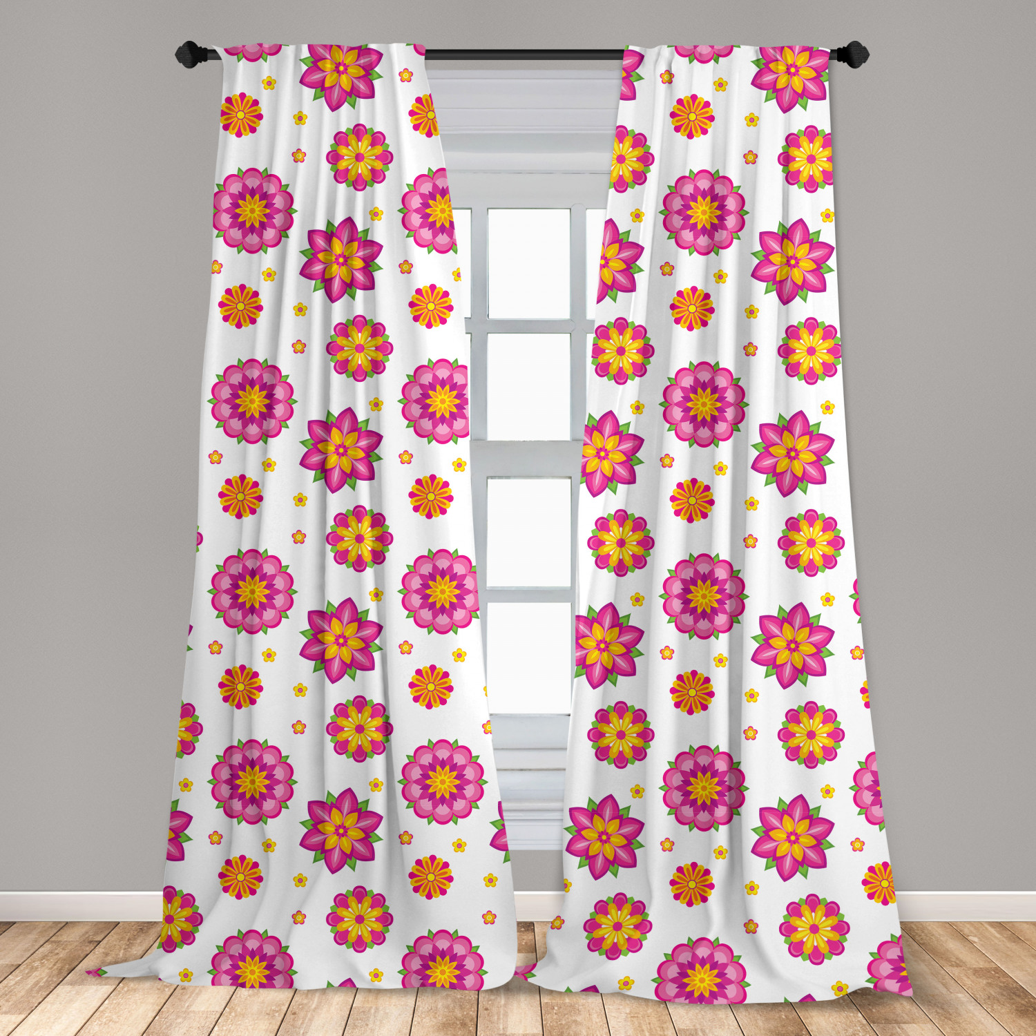 Orange and Pink Curtains 2 Panels Set, Ornamental Flowers with Blooming