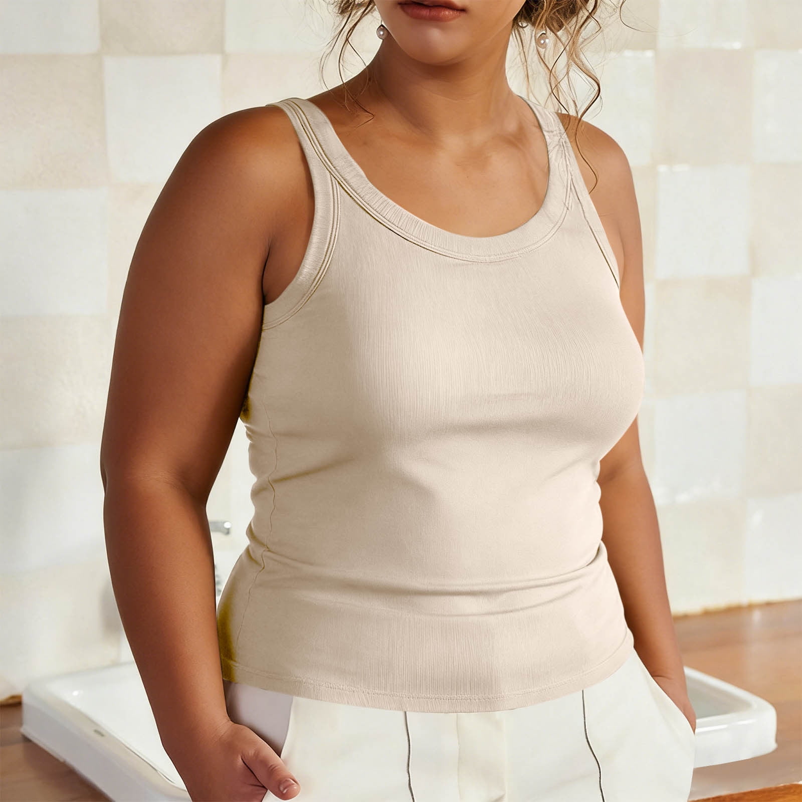 ylioge Womens Plus Size Tank Tops Built in Bras L-5X Sleeveless Crewneck Camisoles Pullover Stretchy Slim Solid Color Basic Loungewear Workout Vests