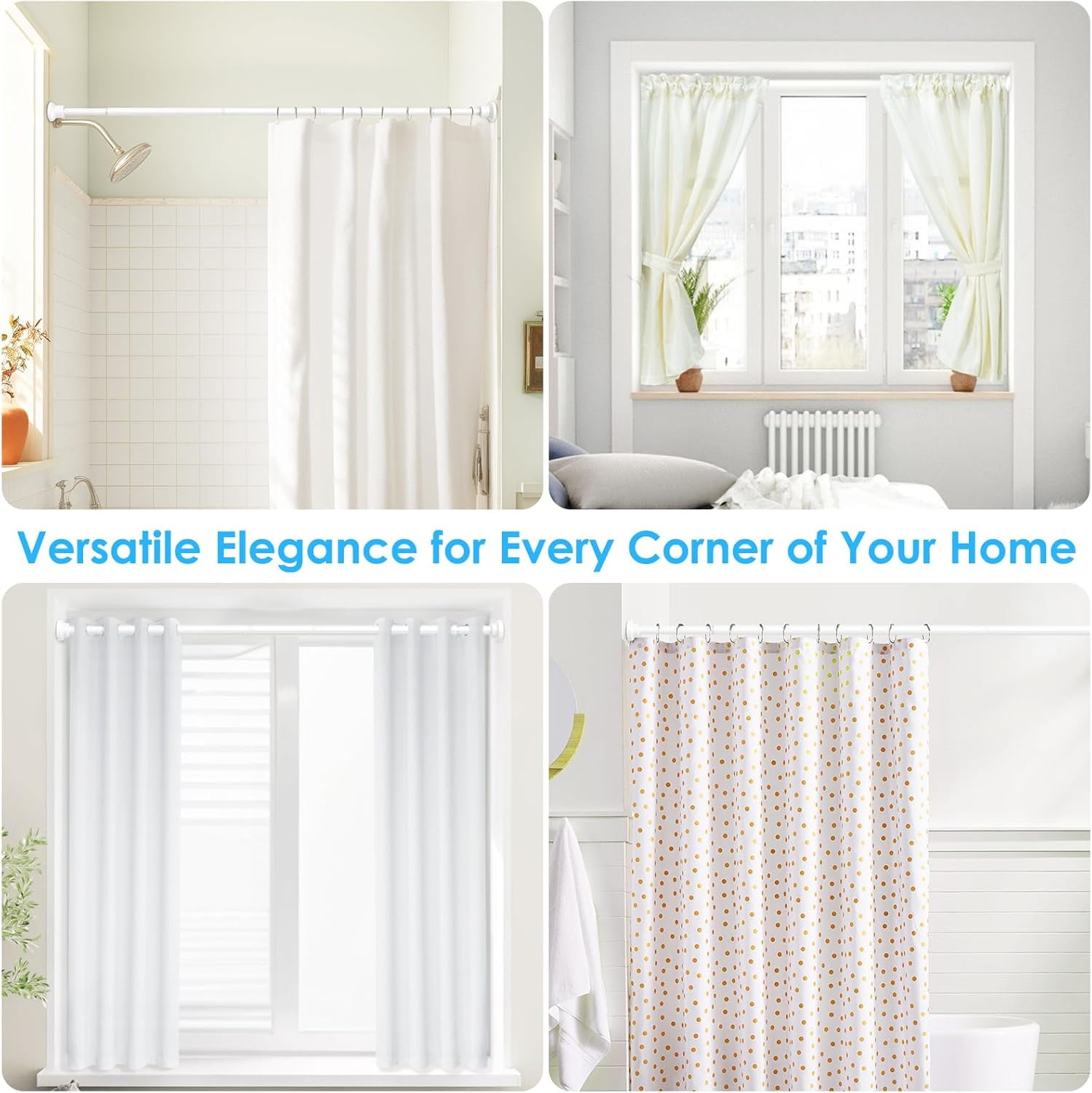 Tension Shower Rod 29-63 Inch, 1 Inch Diameter White Tension Curtain Rod Adjustable Curtain Rod Non-Drilling, Anti-Slip Tension Rod, Anti-Rust Shower Curtain Rod
