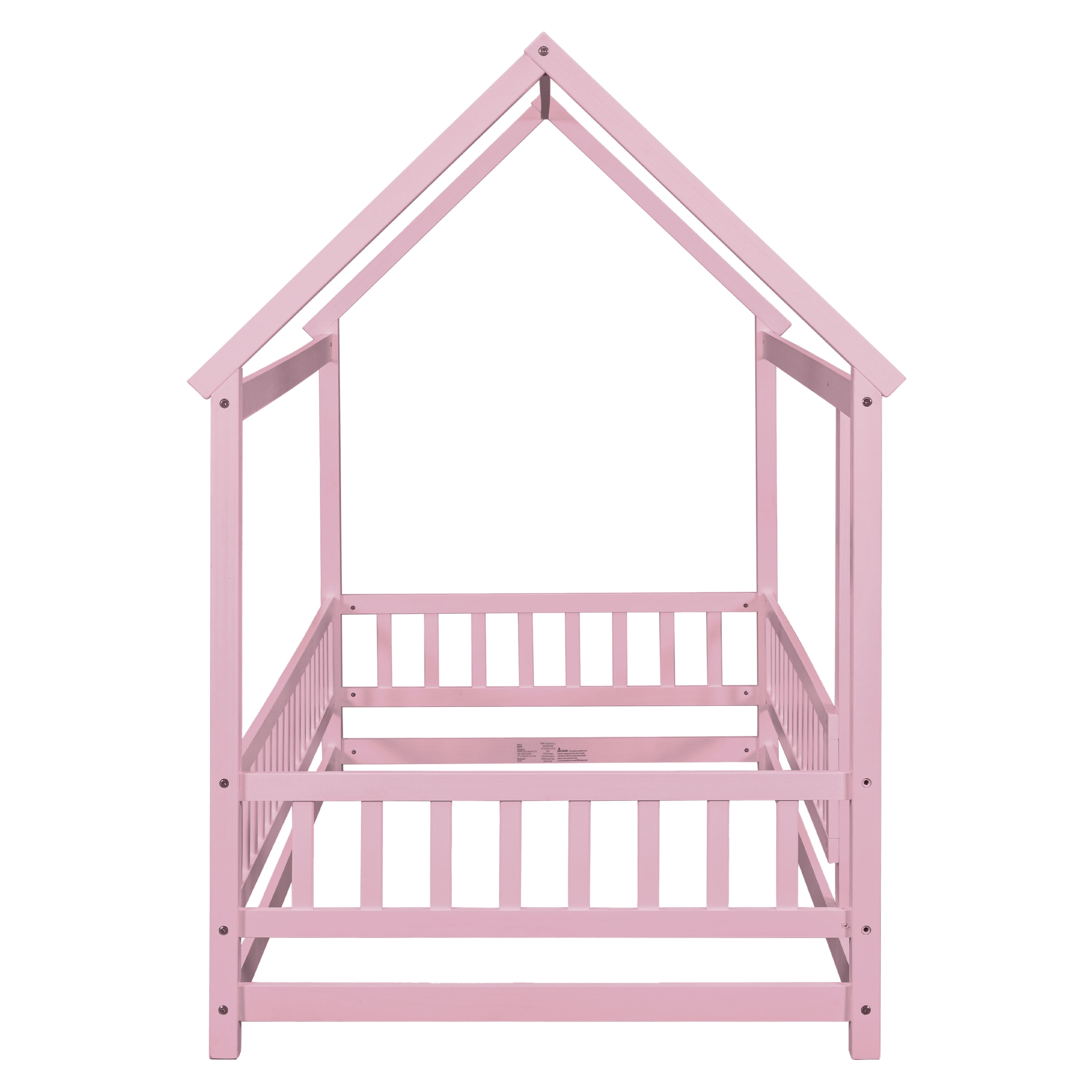 Miniyam Kids Twin Montessori House Floor Bed with Fence, Wood Roof Frame, Pink