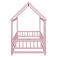 thumbnail image 4 of Miniyam Wood Twin Size Floor House Bed with Fence for Kids, Pink, 4 of 7