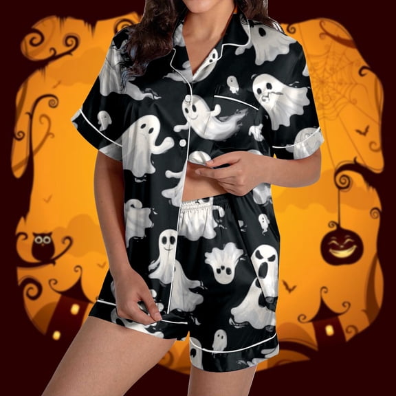 Outfits for Women Short Sleeve Halloween Print Lapel Pocketed Top And Shorts 2 Piece At Home Wear Women's Clothing Sets Black XXL