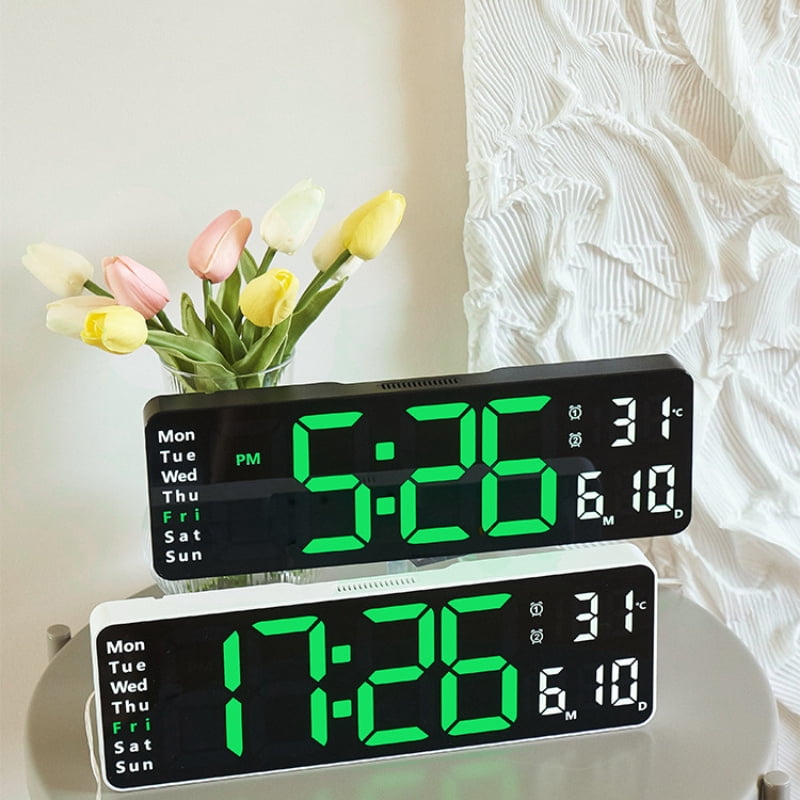16" Large Digital Wall Clock Alarm, Big LED,  Auto DST, Temperature for Living Room Bedroom Desk Mount, Birthday Gift for Aged Elderly Mother Father