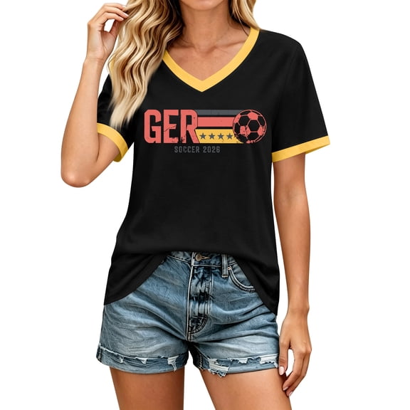 2026 Germany Soccer Jersey for Women, V-Neck Short Sleeve Vintage Germany Soccer T'shirt, Slim Fit Sportswear Shirt for Weekend Tournament Casual Streetwear Daily Outfit (Black, L)