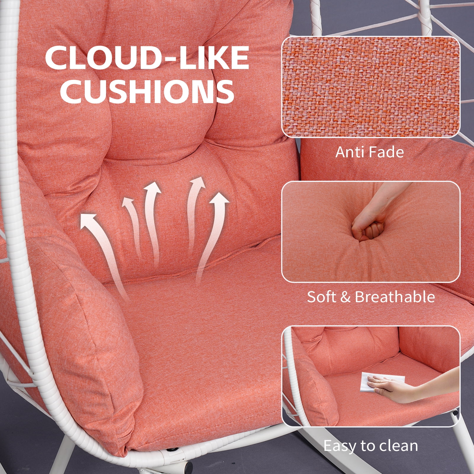 Foldable PE Wicker Egg Rocking Chair 330LBS, Cocoon Lounge Rocker with Thick Cushion & Pillow, Weather Resistant Rattan Single Chair for Patio Balcony Bedroom Living Room