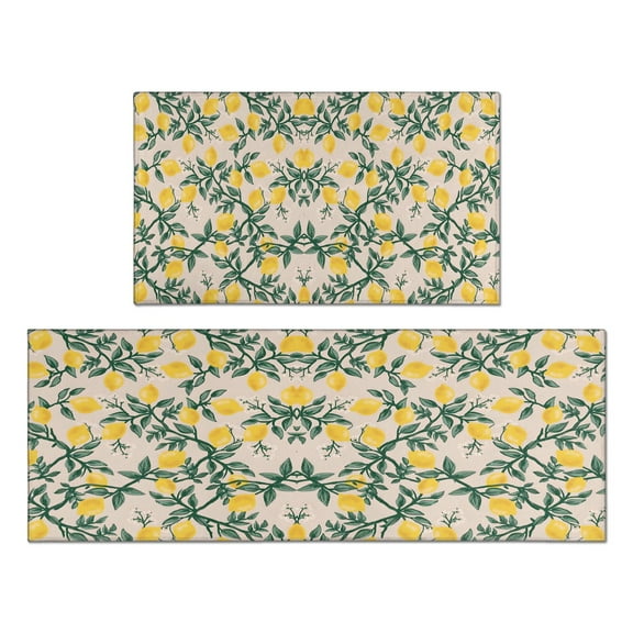 Lemon Yellow Kitchen Rugs and Mats Sets Of 2,Kitchen Decoration Rugs,Rubber Backing Non-Slip Floor Mat for Sink Washable Waterproof Laundry Room Runner Rugs