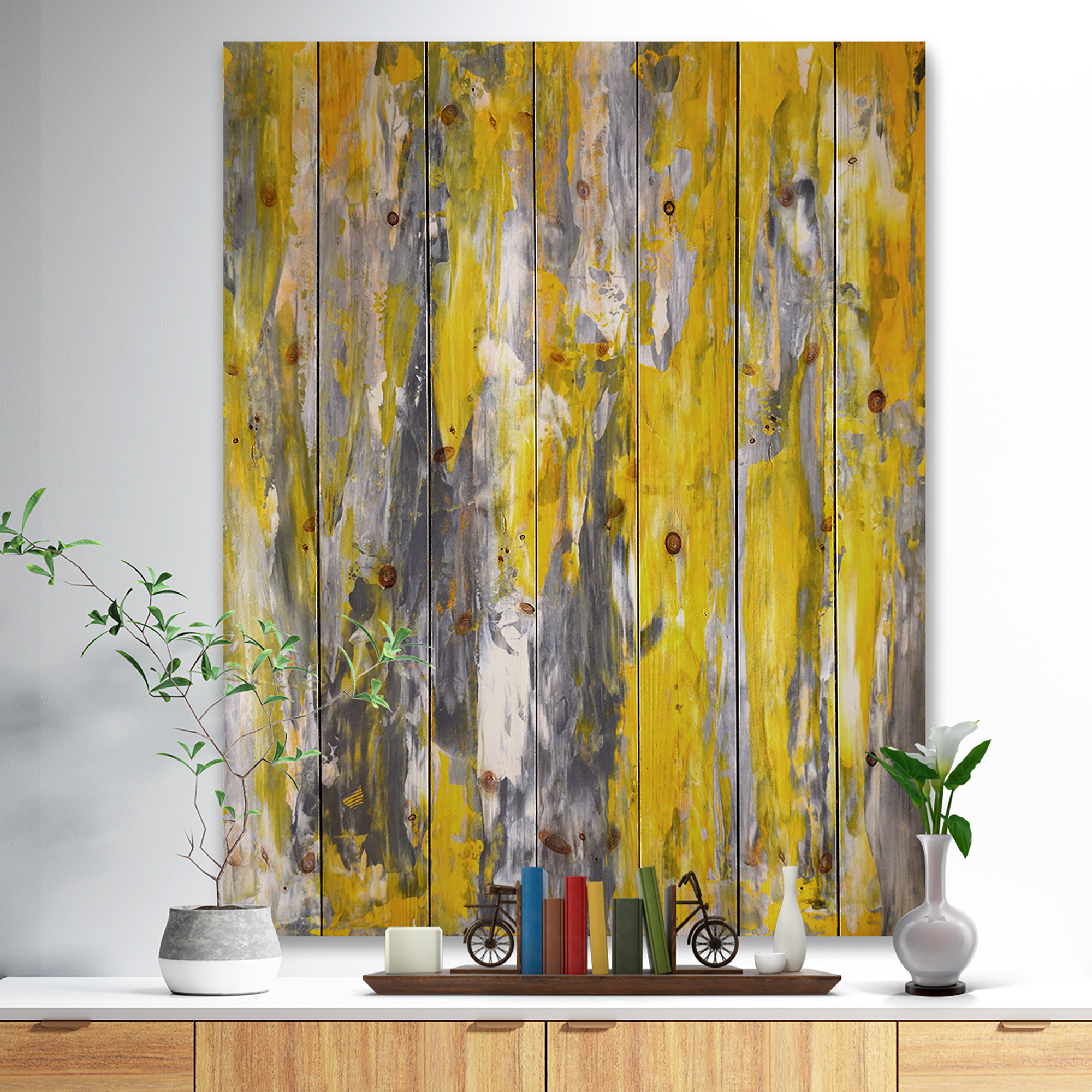 Designart 'Grey and Yellow Abstract Pattern ' Abstract Print on Natural Pine Wood