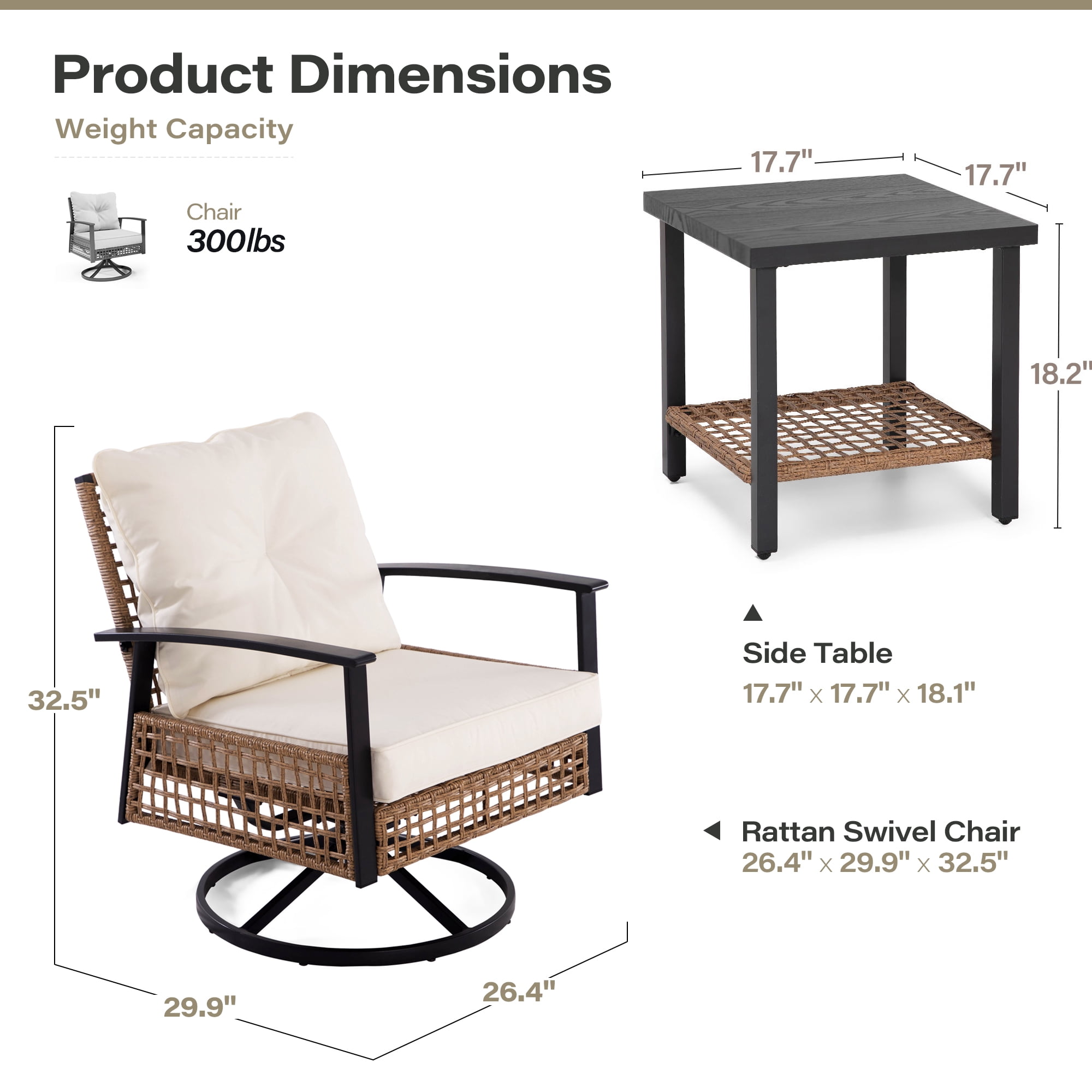 LAUSAINT HOME 3 Pieces Patio Outdoor Furniture Set with 2-Tier Coffee Table, PE Wicker Swivel & Rocking Chairs with Beige Cushions for Garden