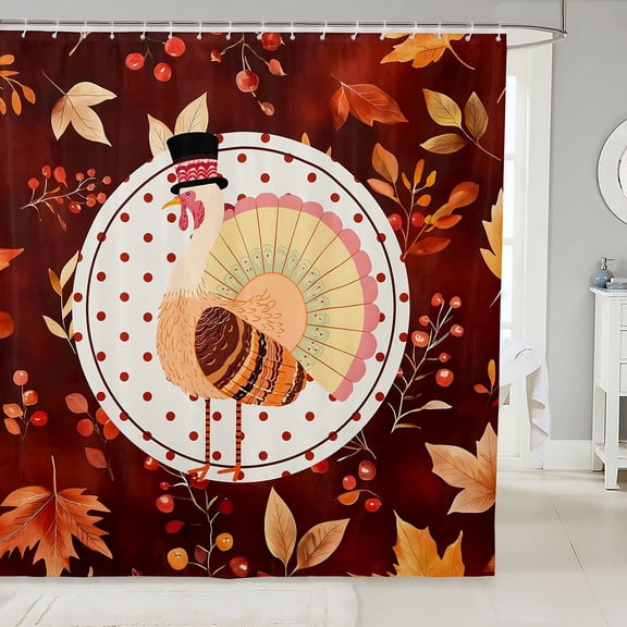 Manfei Colorful Fall Leaf Pattern Shower Curtain 72Wx72L,Thanksgiving Turkey Print Bathroom Curtain
