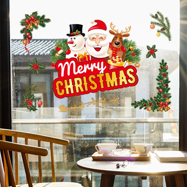 Etiqueta de la pared de Navidad, Papá Noel navideño y muñeco de nieve Etiqueta de la pared de Navidad Calcomanías de decoración de PVC para escaparate, oficina, restaurante, hogar (60 * 90 cm, B) JM