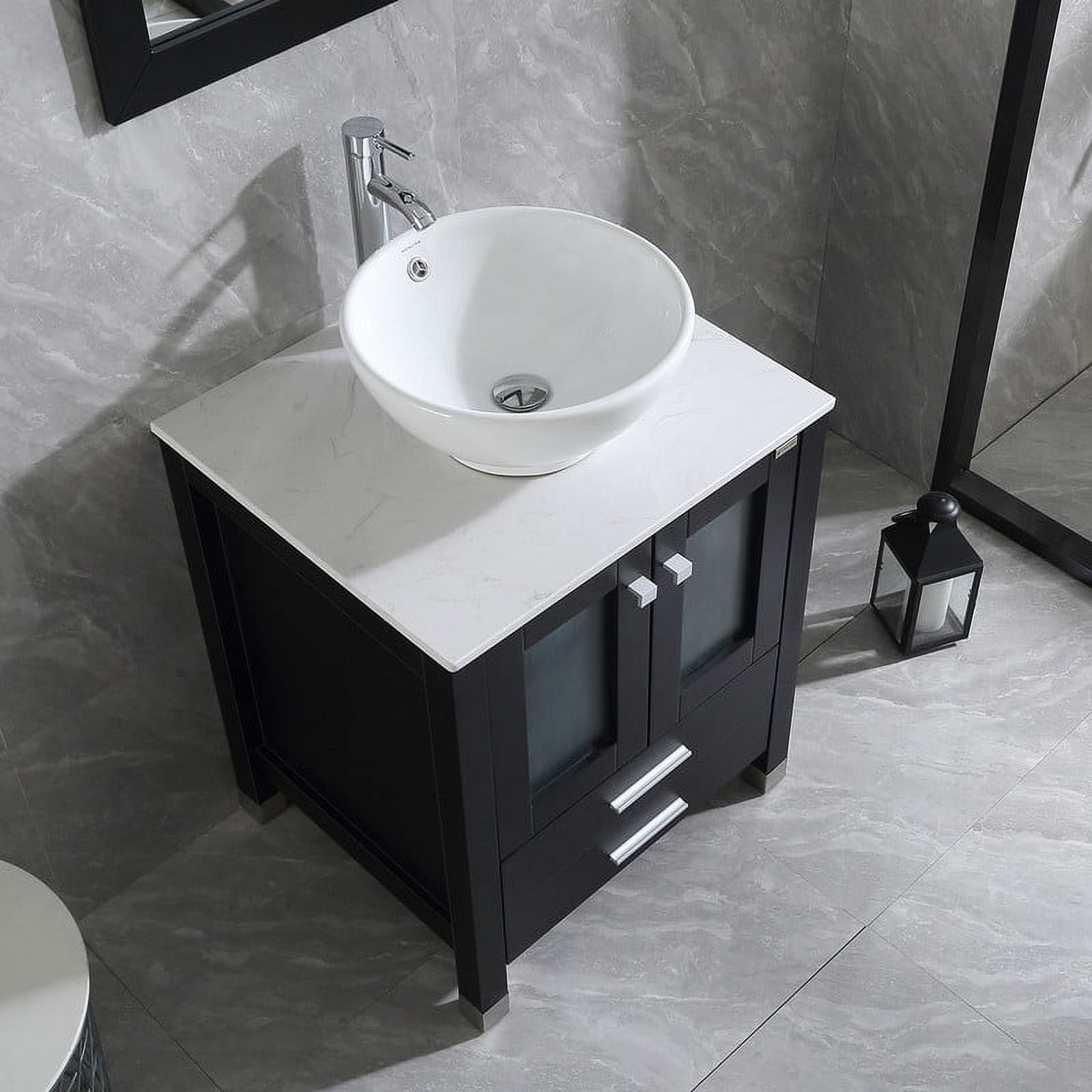 Walsport 24" Luxurious Bathroom Vanity and Sink Combo Wood Cabinet Top Round Ceramic Vessel Sink Faucet Drain Combo with Mirror Vanities Set,Black
