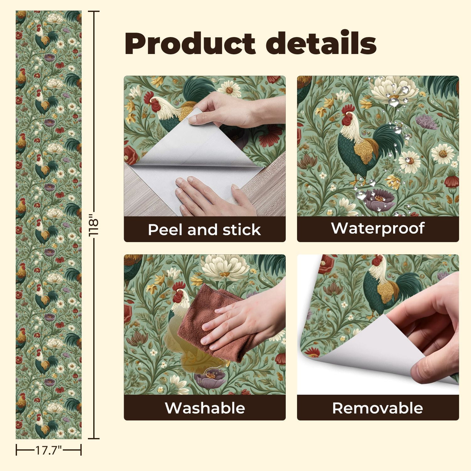 Peel and Stick Wallpaper 17.7in x 9.8ft Farmhouse Roosters Floral Elements Soft Pastel Hues Contact Paper Vinyl Waterproof Self Adhesive Wall Paper for Bedroom Shelf Cabinet Renter Friendly
