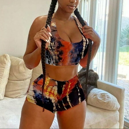 

HTNBO Plus Size 2 Piece Workout Sets for Women Tie Dye Racerback Lingerie Bra Elastic Waist Skinny Panty