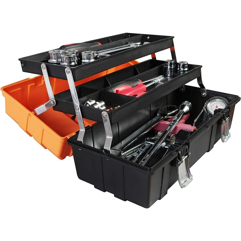 Torin 17-inch Plastic Tool Box,3-Tiers Multi-function Storage Portable Toolbox Organizer, Black/Orange Atrjh-3430t