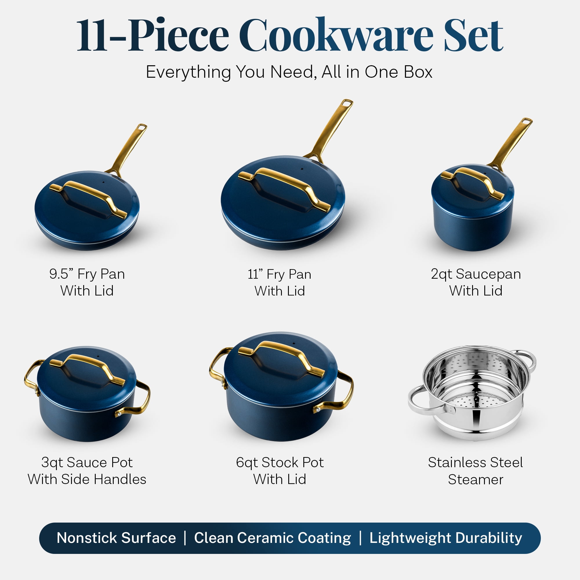 Gotham Steel Modern 11 Pc Ceramic Pots and Pans Set Non Stick, Kitchen Cookware Sets, Non Stick Pots and Pan Set, Ceramic Cookware Set, Pot and Pan Set, Non Toxic Cookware Set, Dishwasher Safe, Navy