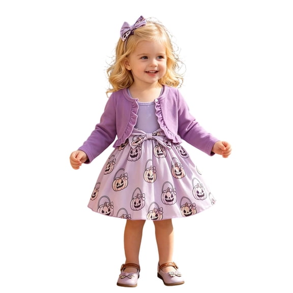 Halloween Dresses for Girls, Toddler Girls Halloween Cartoon Prints Dress Long Sleeve Ruffles Coat Tops Headbands Outfits Set with Bowknot for Daily Casual Wear, Halloween Gifts