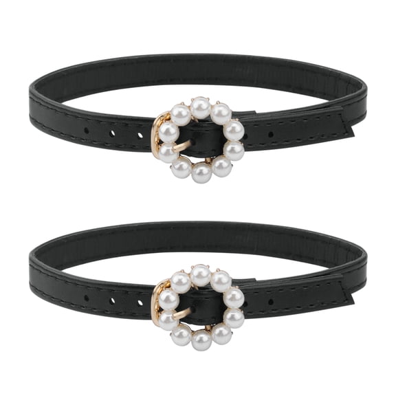 Women's Detachable PU Leather Shoe Straps, Faux Pearl Ring Adjustable Metal Buckle 1 Pair Matte Black One Size