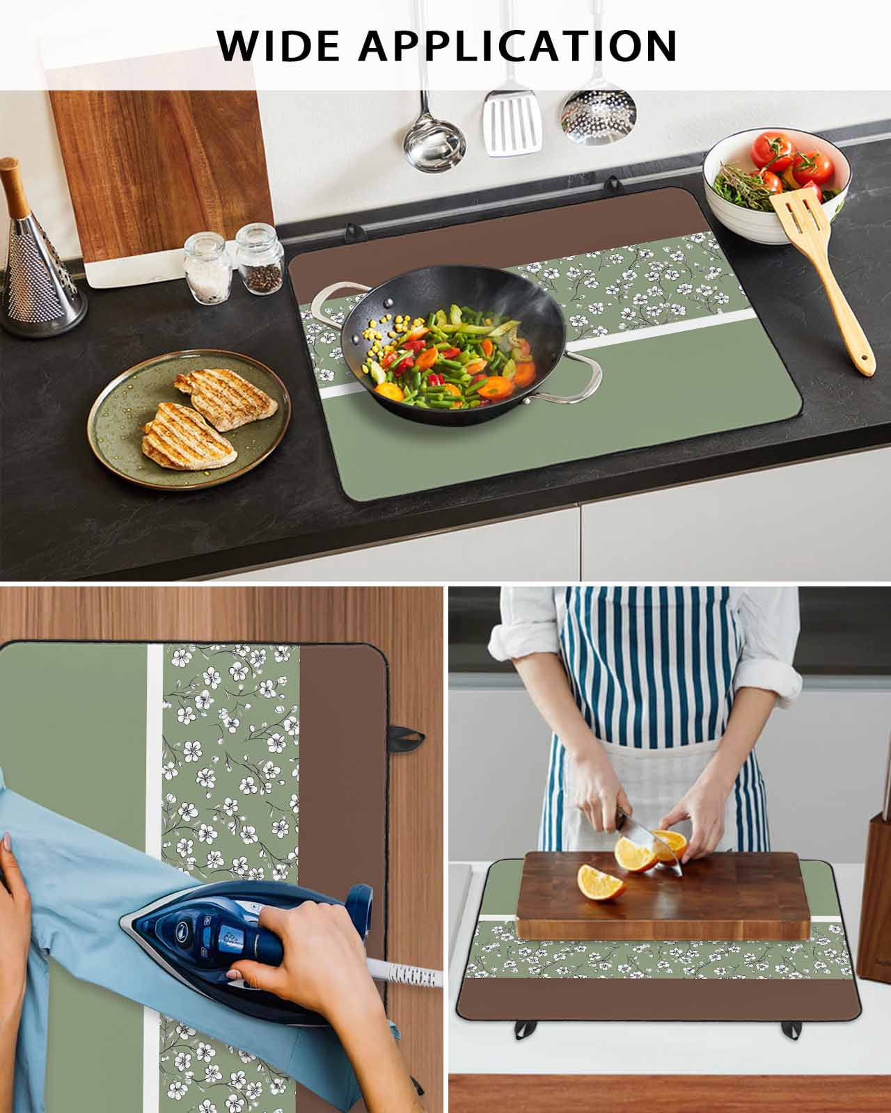 nqOlkjepod Large Induction Cooktop Protector Mat 24"x21", Sage Green Brown Flowers Stove Top Covers for Electric Stove, Classic Botanical Art Elegant Stove Burner Cover Mats, Glass Top Stove Cover