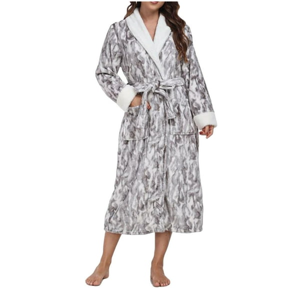 Fengactive Plush Bathrobe for Women Long Robe with Two Side Pockets and Belt Warm and Cozy Fluffy Sleepwear Nightgown