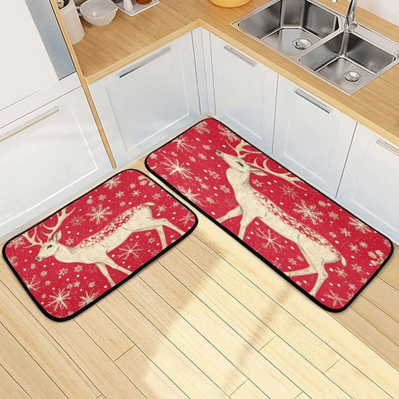 Kitchen Rugs and Mats【2 PCS】Non Skid Gold Reindeer and Snowflake Pattern Creative Kitchen Mat