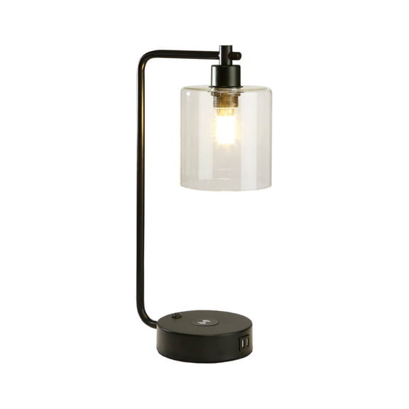 Cedar Hill Industrial Clear Table Lamp ,Nightstand Lamps with Wireless Charger and Glass Shade for Living Room, Bedrooms, Office Reading(Black)