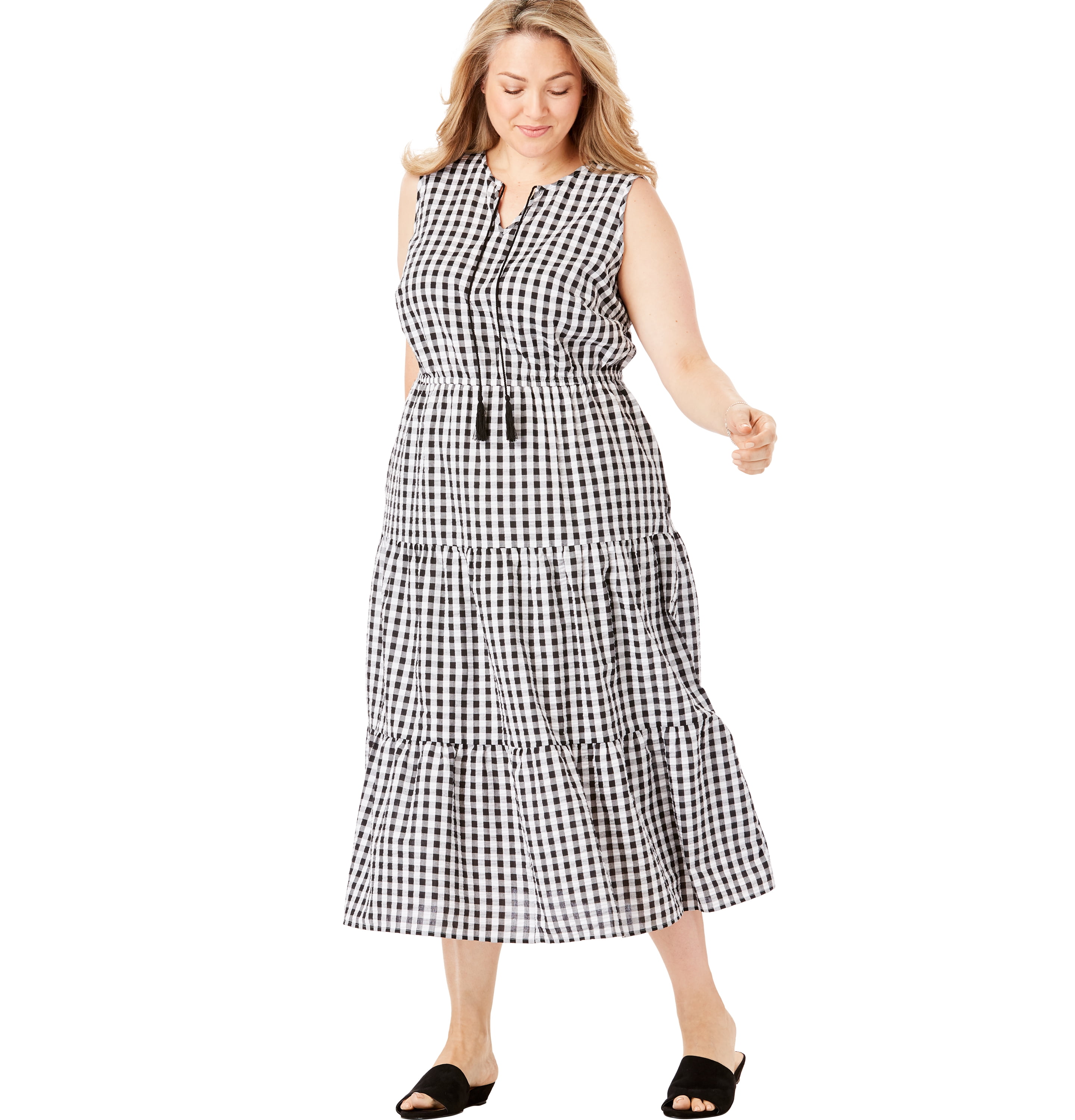 Woman Within - Woman Within Women's Plus Size Sleeveless Tiered Seersucker Tassel-Tie Dress 