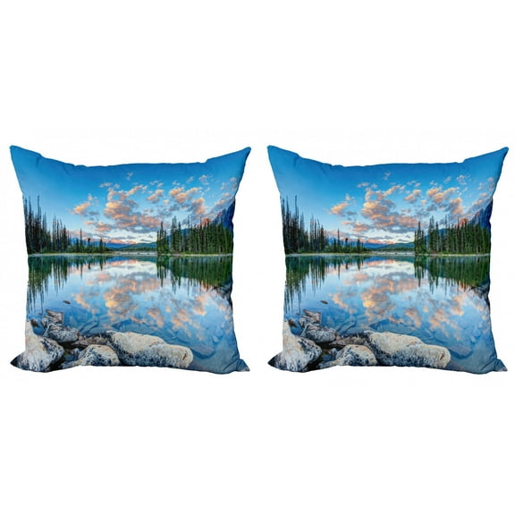 Ambesonne Nature Throw Pillow Cover 2 Pack, Golden Sunrise Scenery, 16", Blue Green