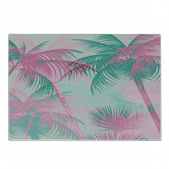 Palm Leaf Cutting Board, Beach Party Theme Vibrant Composition Pink and Green Trees Vintage, Decorative Tempered Glass Cutting and Serving Board, Small Size, Pink Teal White, by Ambesonne