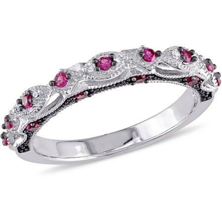 Ruby Gold Wedding Bands - Tangelo 1/3 Carat T.G.W. Created Ruby and Diamond-Accent 10kt White Gold Vintage Miligrain Design Wedding Band