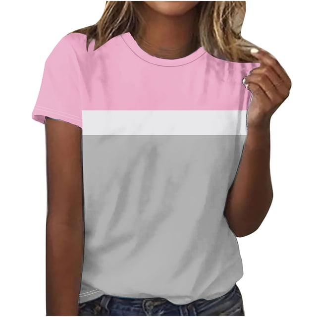 Bowake Tunique à Manches Courtes pour Femmes Été Décontracté Col Rond T-Shirts à Blocs de Couleur Amples Blouses Habillées pour Sortir