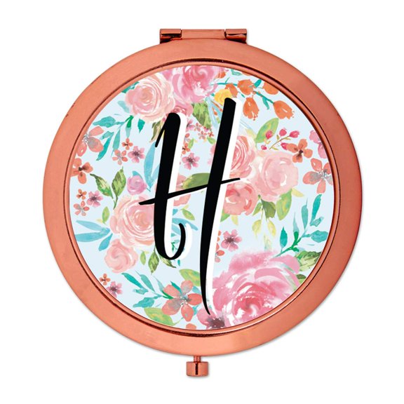 Koyal Wholesale Compact Mirror Bridesmaid's Wedding Gift, Rose Gold, Monogram Letter H, Tea Party Pink Floral Flowers