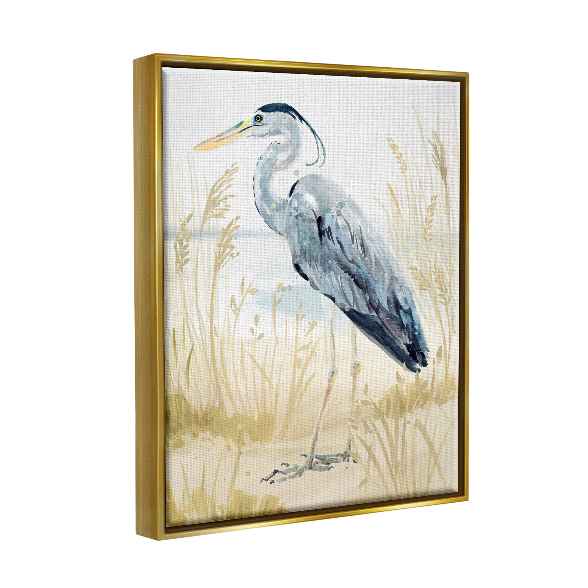 Stupell Industries Heron & Beach Grass Animals & Insects Painting Gold Floater Framed Canvas Art Print Wall Art, 17 x 21