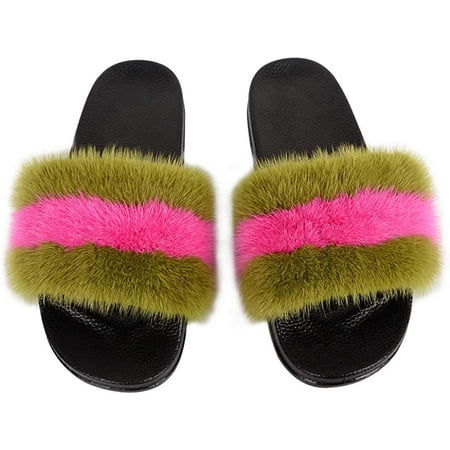 

Women s Fur Slides Fluffy Fur Lovely Slipper Rubber Flat Non-Slip Casual Slippers for Ladies Multicolor