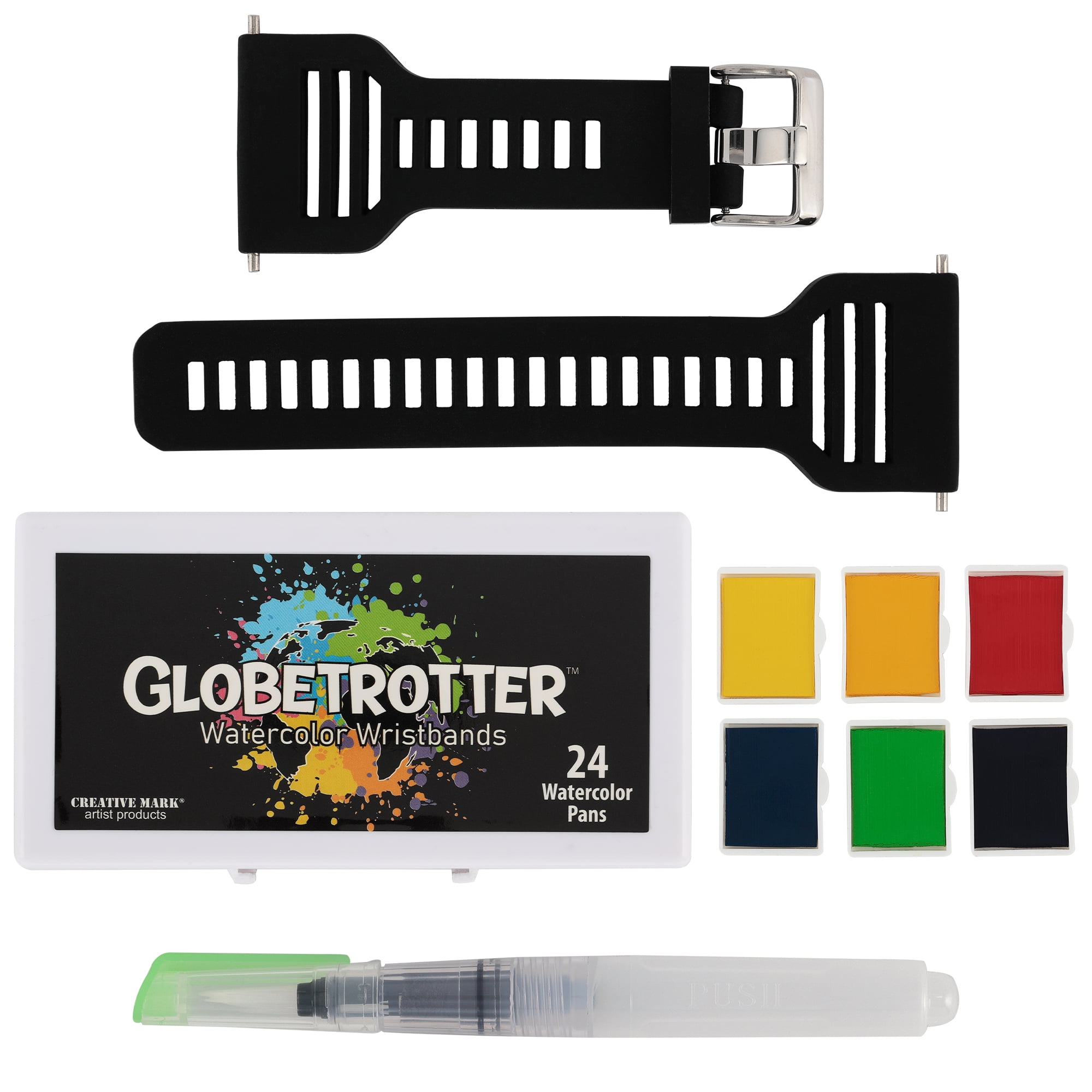 Creative Mark Globetrotter Watercolor Wristbands - Beautiful Watercolor Palette Held on Your Wrist! - Pan Set of 24