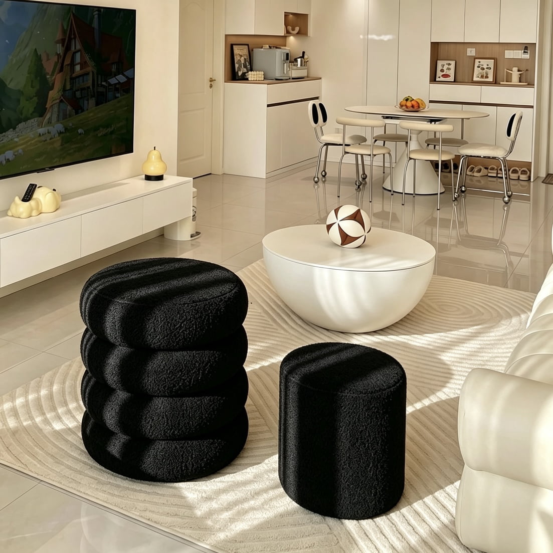 Round Ottoman 16.5 Inch, Storage Stool with Removable Lid for Living Room and Bedroom, Set of 2 Vanity Stools and Foot Rest, Black