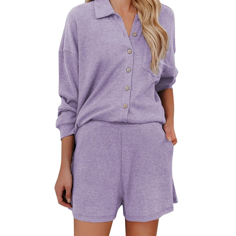 ZIZOCWA Most Comfortable Sleeping Pajamas Women Pajama Set With Shorts  Ladies Solid Color Strip Button Lapel Casual Fashion Homewear Shorts Set
