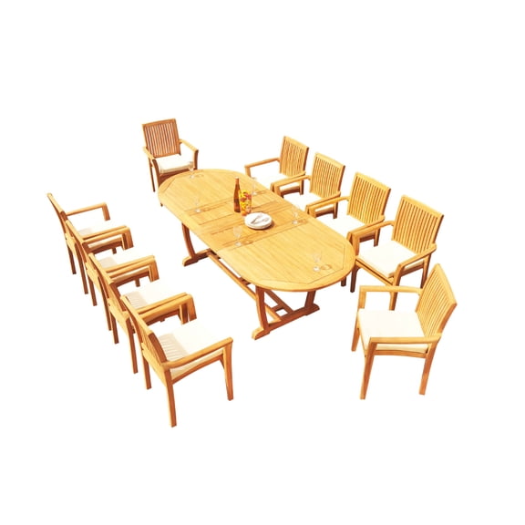 Grade-A Teak Dining Set: 10 Seater 11 Pc: 94" Mas Oval Trestle Leg Table And 10 Lua Stacking Arm Chairs Outdoor Patio WholesaleTeak #51LU2311