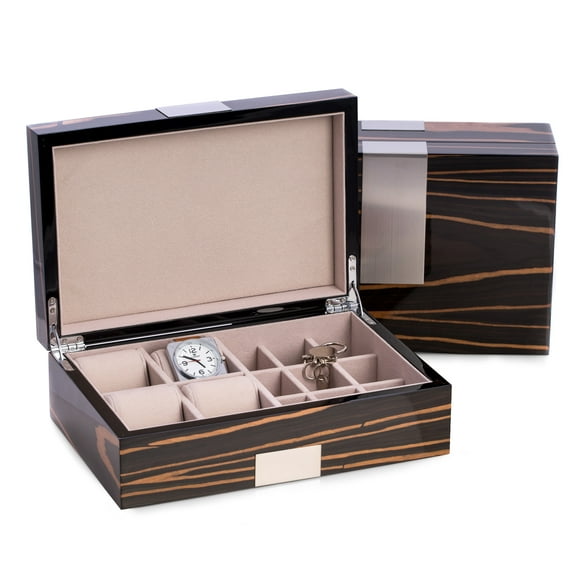 Lacquered "Ebony" Burl Wood Valet Box with Stainless Steel Accents for 4 Watches & 9 Cufflink.