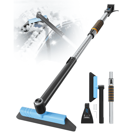 helloleiboo 43.7" Extendable Ice Scrapers for Car Windshield for 12 Adjustable Length Settings with Foam Grip and 360 Pivoting Brush Head Detachable Snow Brush for Truck SUV(Blue)