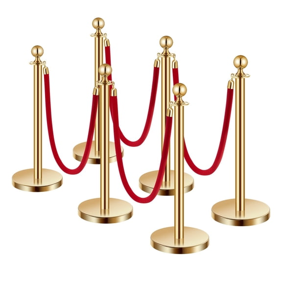 CAFORKP 6Pcs Gold Stainless Steel Hollow Base Queue Stanchion, Crowd Control Barriers with 4 Red Velvet Ropes for Party Red Carpet Layout