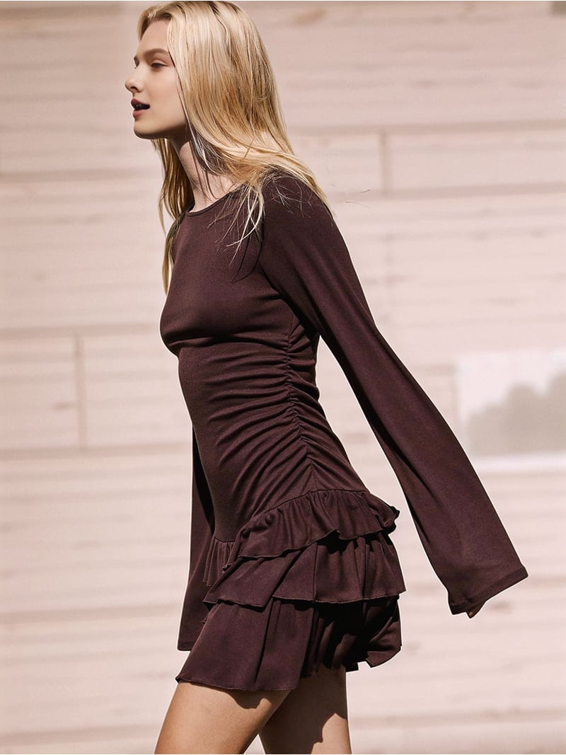 brown flowy mini dress Women'S Long Sleeve Mini Dress Boat Neck Ruffle Bodycon Mini Flowy Cocktail  Party Dresses Red L