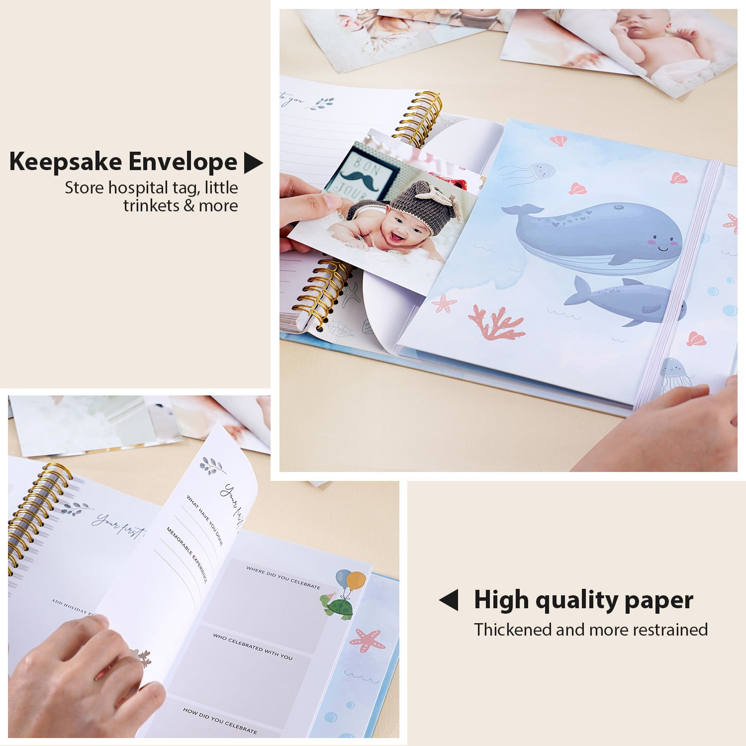 TJT Keepsake Baby Books for Newborn Baby Memory, First 5 Years Baby Memory Book Record Gift, 118 Pages Baby Album, Whale, Blue
