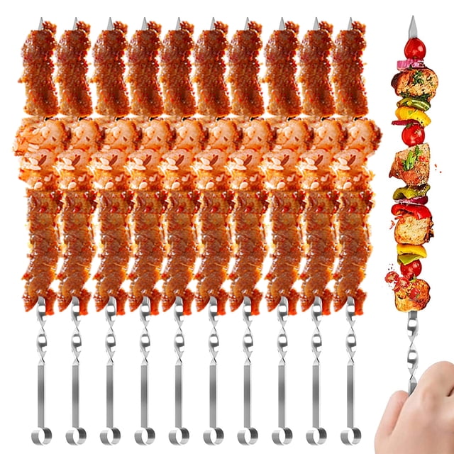 leyfeng 10 Uds. De palillos para brochetas de barbacoa, brochetas planas para asar a la parrilla de 14 pulgadas, brochetas de Metal reutilizables, barbacoa de acero inoxidable