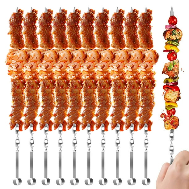 10 Uds. De palillos para brochetas de barbacoa, brochetas planas para asar a la parrilla de 14 pulgadas, brochetas de Metal reutilizables, barbacoa de acero inoxidable
