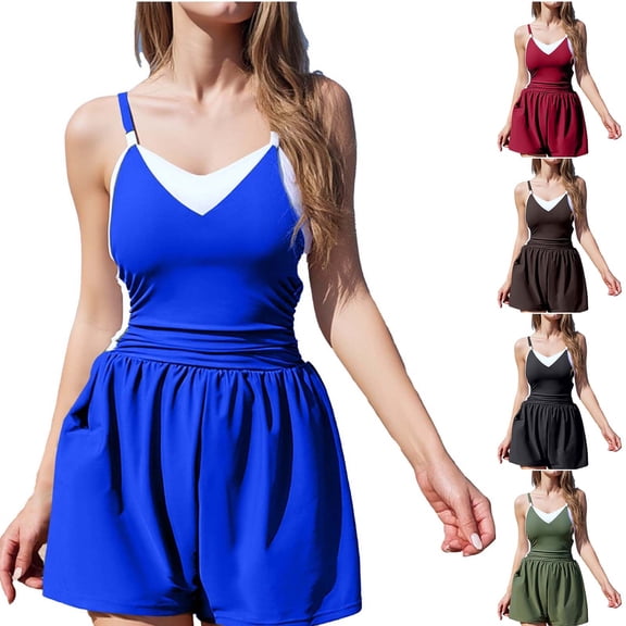 FRSASU Romper One Piece Swimsuits with Shorts - Women Boyleg with Pockets Modest Bathing Suit Swimwear Wine