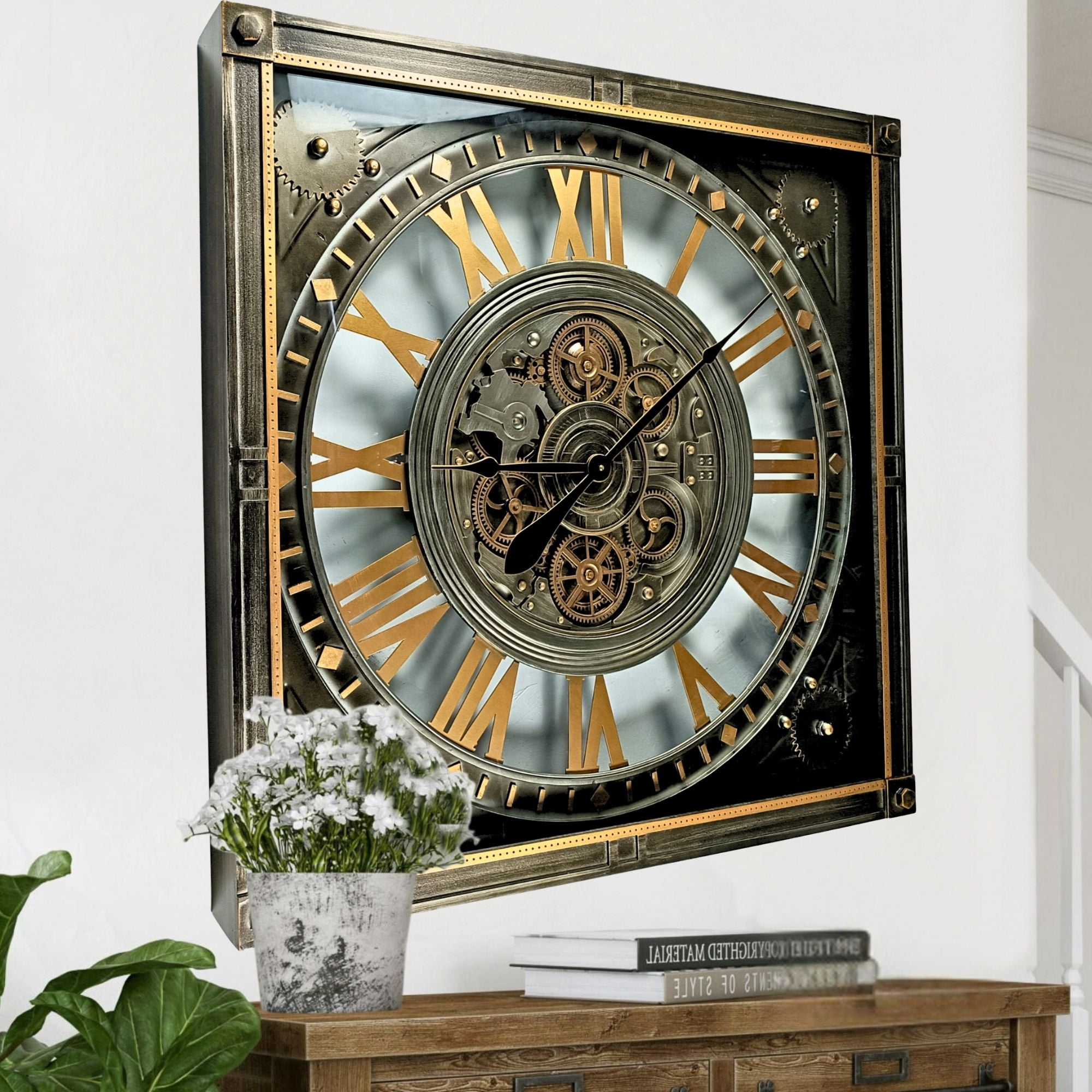 THE GEARS CLOCK Wall Clock with Real Moving Gears LU-LI_ 32 in Square SILVER-ANTIQUE
