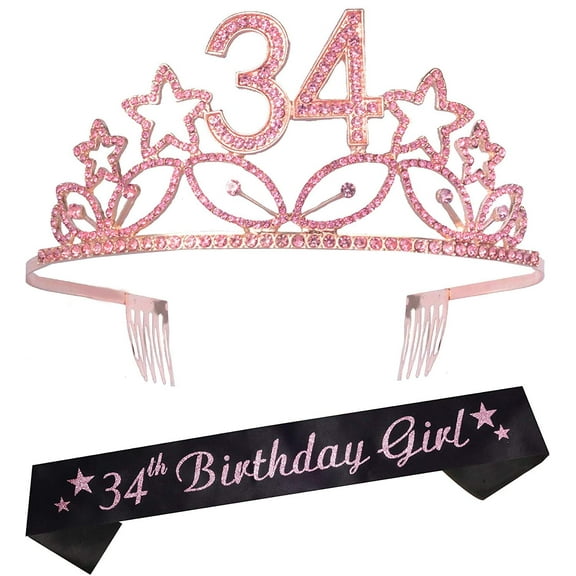 MEANT2TOBE Glittery 34th Birthday Set - Pink Rhinestone Tiara and Fabulous Sash for Women, Perfect 34th Birthday Gift for Her Party!